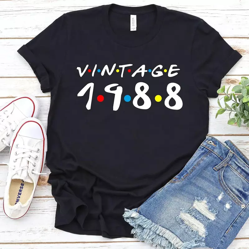 T-shirt grande para mulheres, tops casuais de algodão, camiseta preta solta, festa de aniversário, grunge vintage dos anos 80, 1988, 36