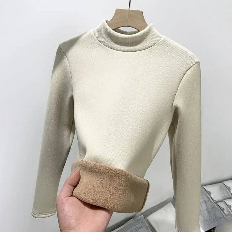 Simple Women Tops Elegant Thicken Velvet Lined Winter Sweater Slim Fit Knitwear Jumper with Half High Collar for Women Warm