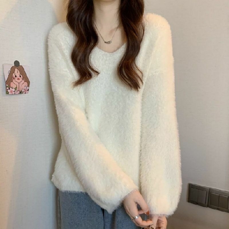 Suéter feminino solto de malha, gola V, pulôver monocromático, malha grossa, moda coreana, outono, inverno