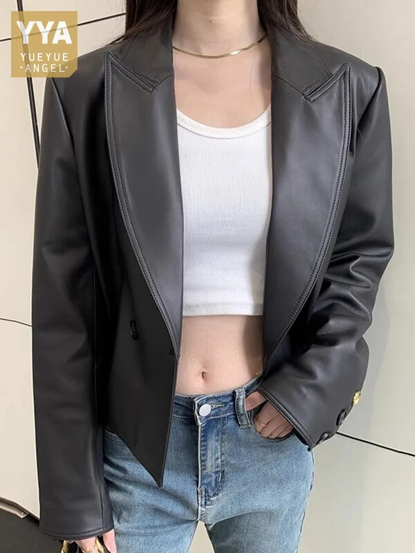 Quality Top Women Sexy Short Sheepskin Genuine Leather Jacket Moto Biker Loose Fit Double Breasted Autumn Coat OL Casual Outwear