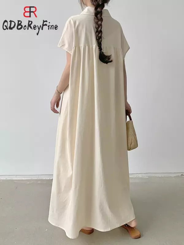 Женское платье-рубашка с коротким рукавом, однотонное однобортное хлопковое Повседневное платье-макси большого размера в Корейском стиле, лето