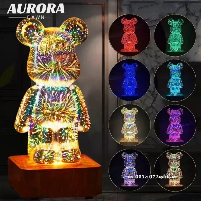 Fuochi d'artificio 3D orso luce notturna proiezione colorata atmosfera USB oscuramento soggiorno arredamento decorativo camera 3D fuochi d'artificio in vetro camera da letto