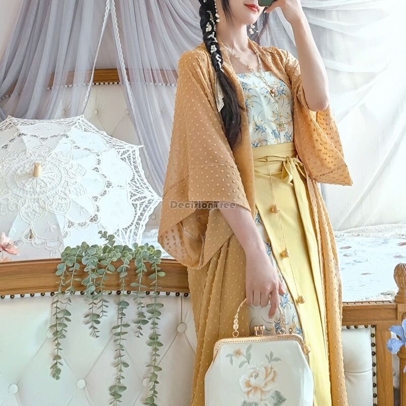 2024 chinese improved hanfu female song dynasty long spiral printed skirt yarn loose coat daily summer style 3 piece hanfu w385