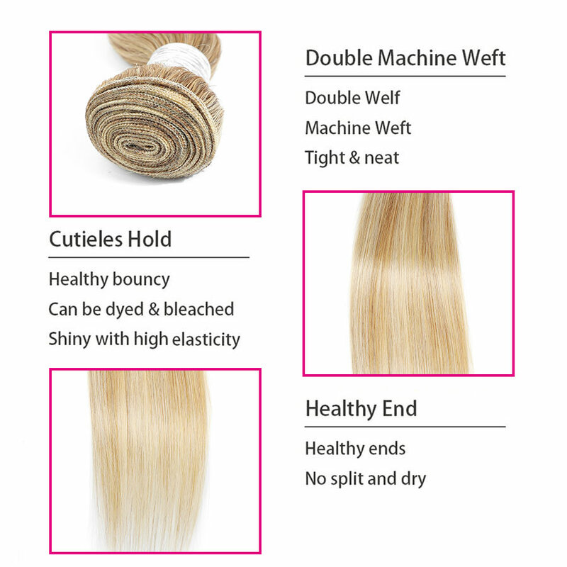 Linhua-Bundles de cheveux humains droits Highlight, Double tissage, Trame, Blonde, Fabriqué à la machine, 8-30 po, P27, 613