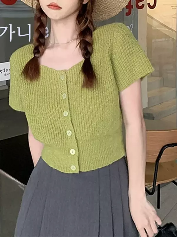 Dolce Top corto estivo nuovo Design di moda coreano Cardigan lavorato a maglia a maniche corte con collo quadrato da donna in tinta unita con vita