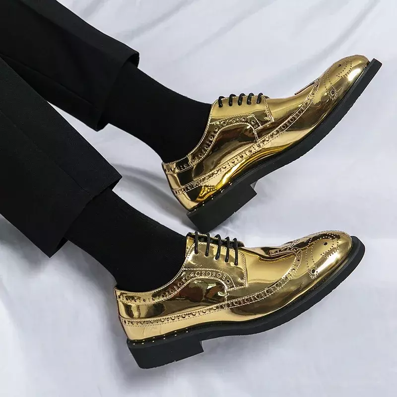 Zapatos de vestir de alta calidad para hombre, zapatos brogue formales, cómodos, de negocios, brillantes, dorados