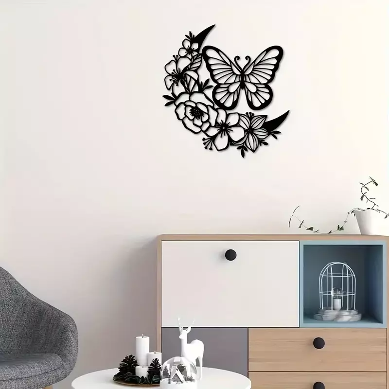 Fase Bulan Boho gantungan dinding Pediments, dekorasi rumah dinding bulan Nordic Dekorasi seni bunga kupu-kupu logam seni bulan fase kamar tidur