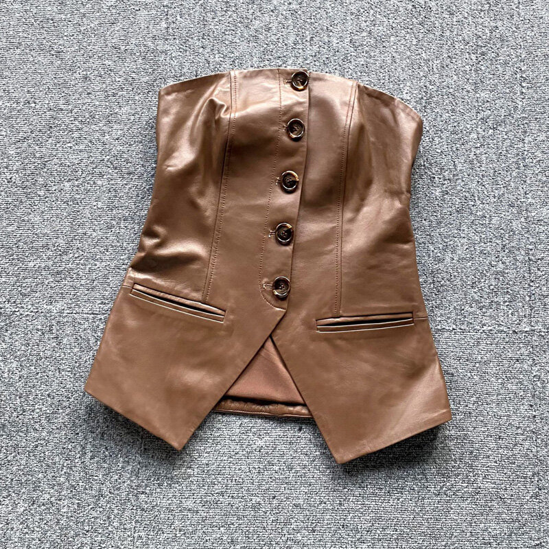 Korset Streetwear Seksi Amerika Eropa Atasan Wanita Pelanggan Hitam/Coklat Kulit Asli Ramping Kebugaran Jaket Tanpa Kerah Femme Chi