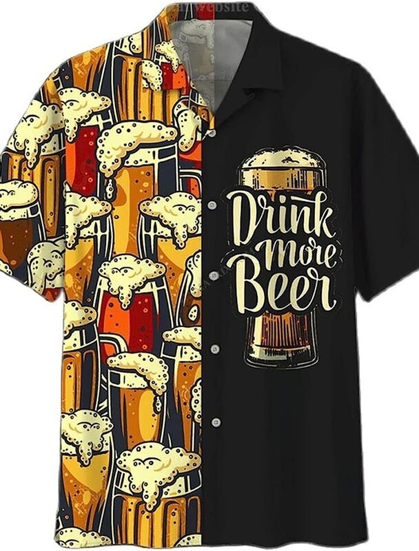 Camisa havaiana masculina com estampas gráficas, camisa casual, manga curta, roupa com botões, roupa tropical, caixa aberta, estampa de cerveja, verão