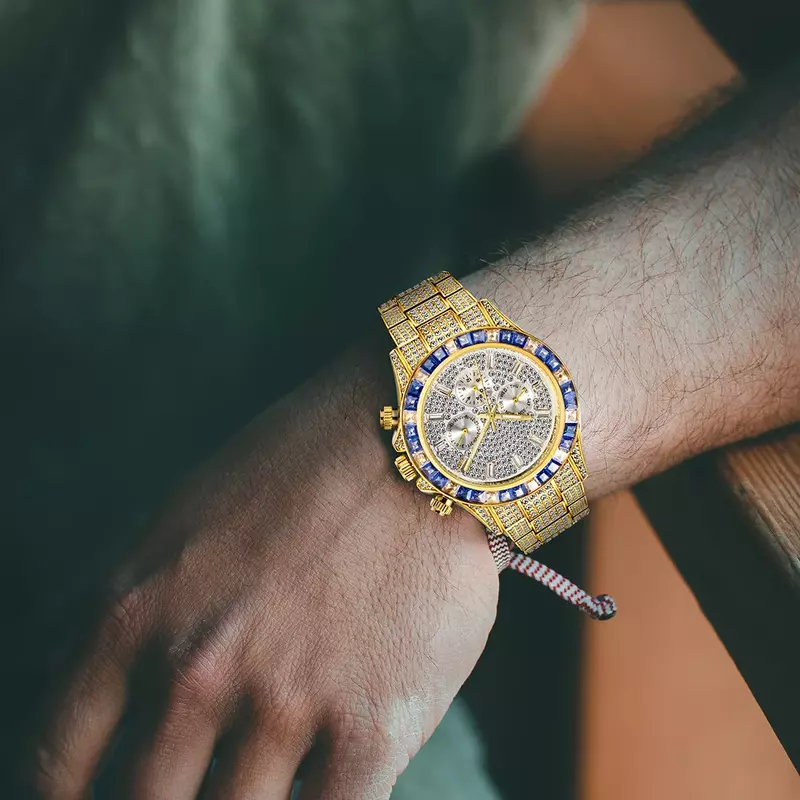 Cronógrafo 18k banhado a ouro relógio para homem cheio diamante masculino relógios rap hip hop iced fora relógio de pulso de quartzo homem reloj hombre xfcs