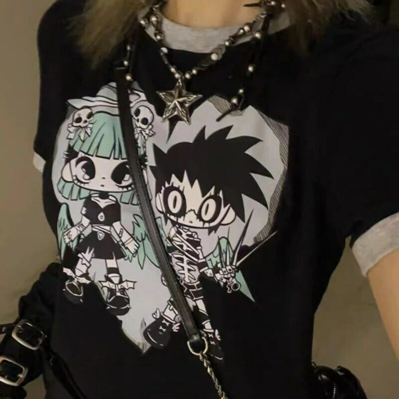 Deeptown Kawaii Harajuku magliette donna Cutecore Cartoon stile giapponese Tees Streetwear Y2K Punk estetica Casual Gothic Tshirt