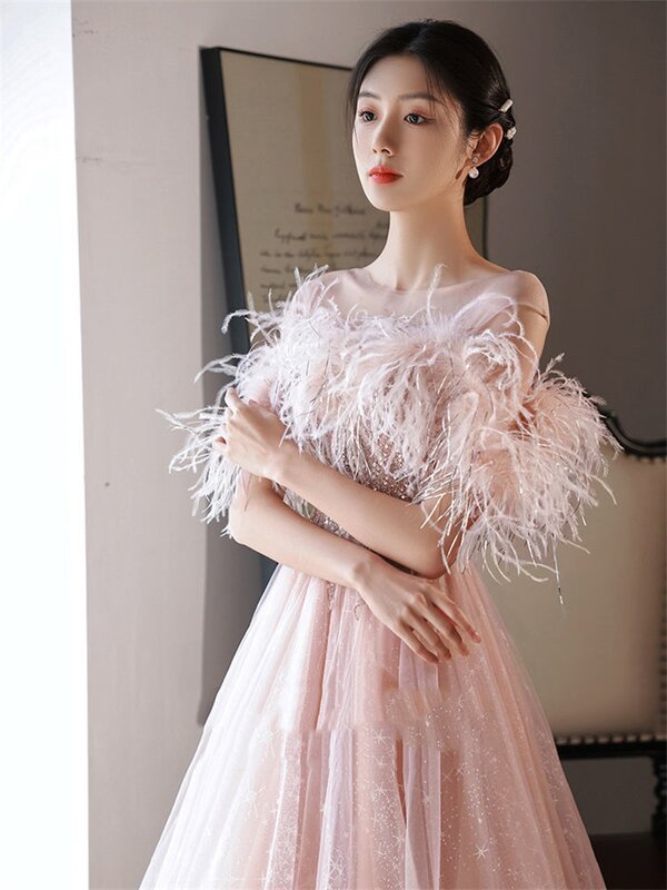 Женское вечернее платье с блестками Pink Ostrich платье с перьями для выпускного вечера
