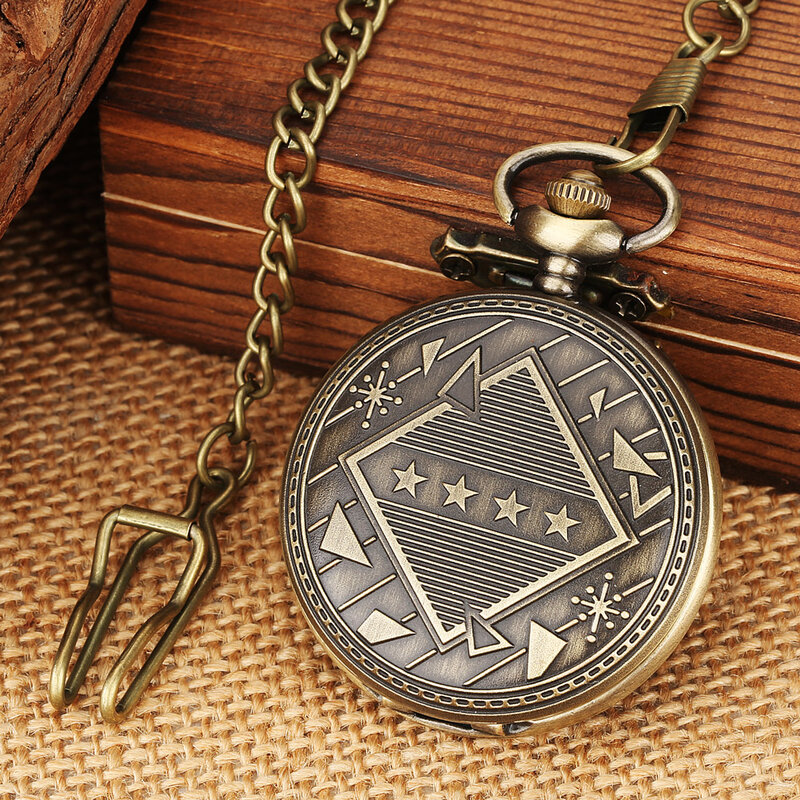 Estrelas de bronze geometria padrão display relógio de bolso quartzo retro fob corrente colar pingente algarismos árabes mostrador redondo relógio