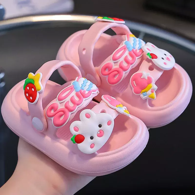 Sandal anak-anak sandal lembut anti-selip kartun kelinci panda DIY lubang desain bayi untuk anak laki-laki perempuan musim panas sepatu pantai berpasir