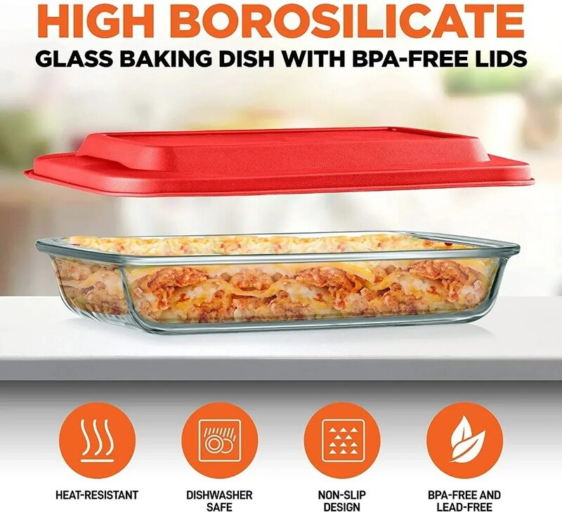 4 Sets of High Borosilicate with PE Lid, Heat-Resistant, Non-Slip Design, Convenient to Use & Easy to Clean, Color Red