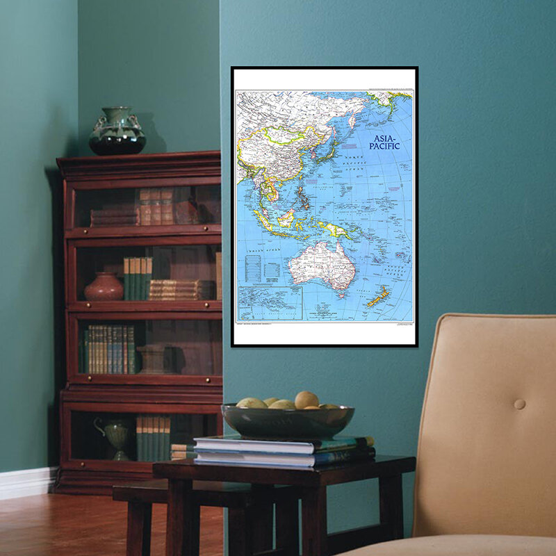 A2 Size World Map Canvas Painting  Printed Wall Art Map of Asia Pacific 1989 Edition Home Living Room Wall Paper Home Decor