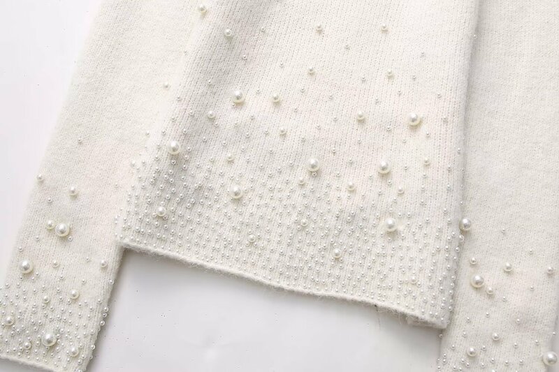 Women New Fashion Artificial pearl decoration Cropped Slim Knitted Sweater Vintage O Neck Long Sleeve Female Pullovers Chic Tops