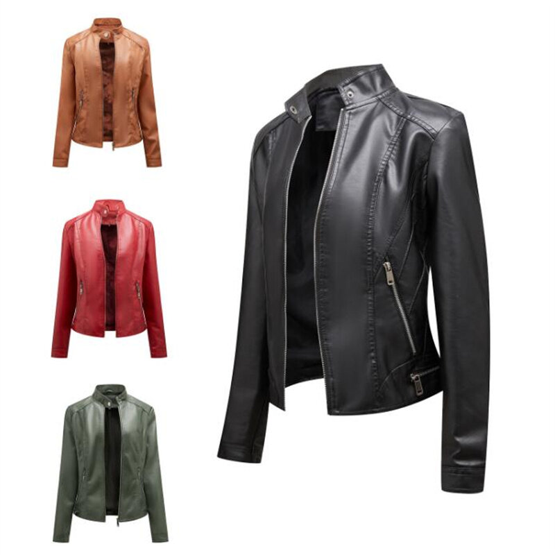 Outono inverno do plutônio do falso couro jaquetas de manga longa com zíper fino motor biker casaco de couro feminino outwear topos