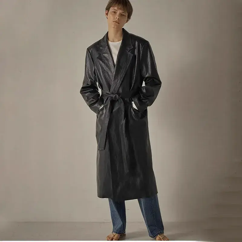 F@CA*E PA*ERN 24ss Women's Fashion PU Leather Jacket with Belt Classic Loose Trench Coat Streetwear Female Y2k Coat Jacket