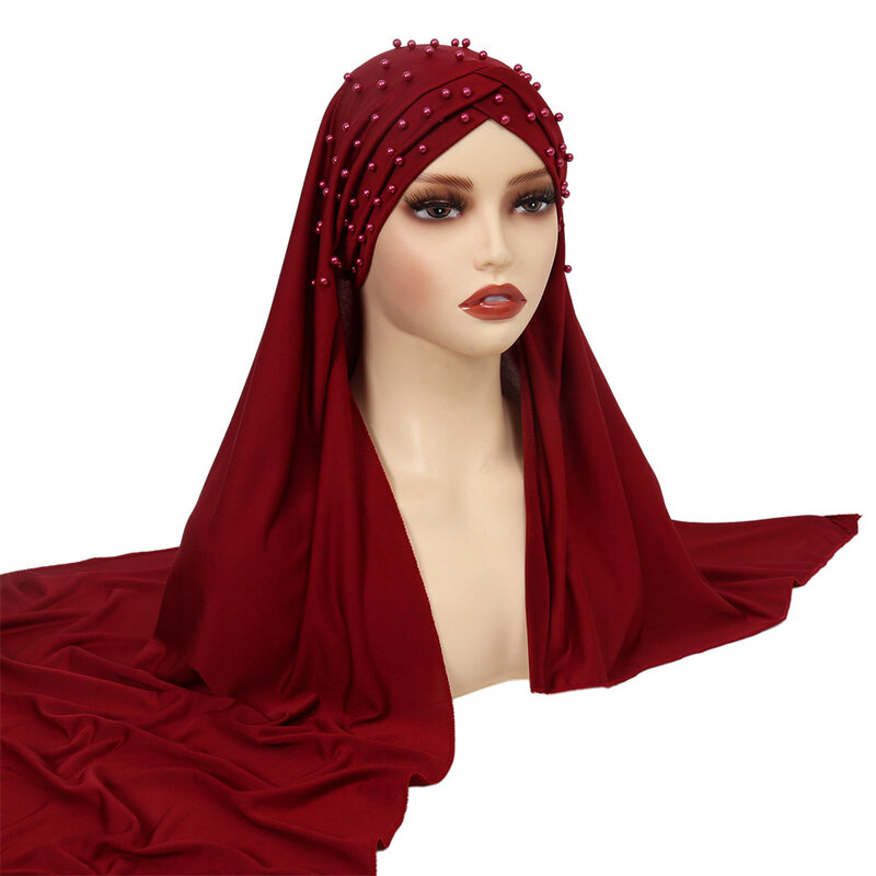 Instant Hijabs Perlen Schal mit Cross Jersey Caps Motorhaube Krawatte zurück muslimische Mode Frauen Schleier Schal Hijab mit Kappe befestigt Schals