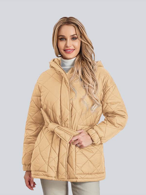 wsevypo Winter Warm Belted Puffer Jackets Women's Long Sleeve Zip Up Quilted Coats Casual Solid Color Down Hooded Outwear