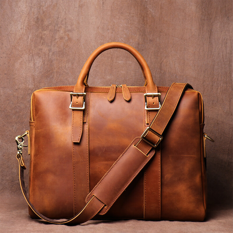 Vintage Cowhide Leather Lightweight Handbag Men's Business Office Briefcase 15" Notebook Laptop Bag Man Fashion Messenger Bag