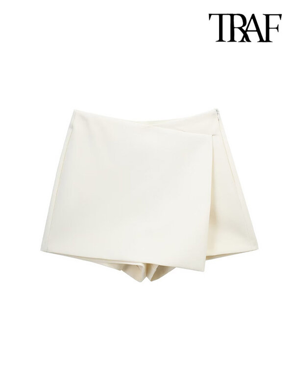 TRAF Women Fashion Pareo Style Asymmetric Shorts Skirts Vintage High Waist Side Zipper Female Skort Mujer