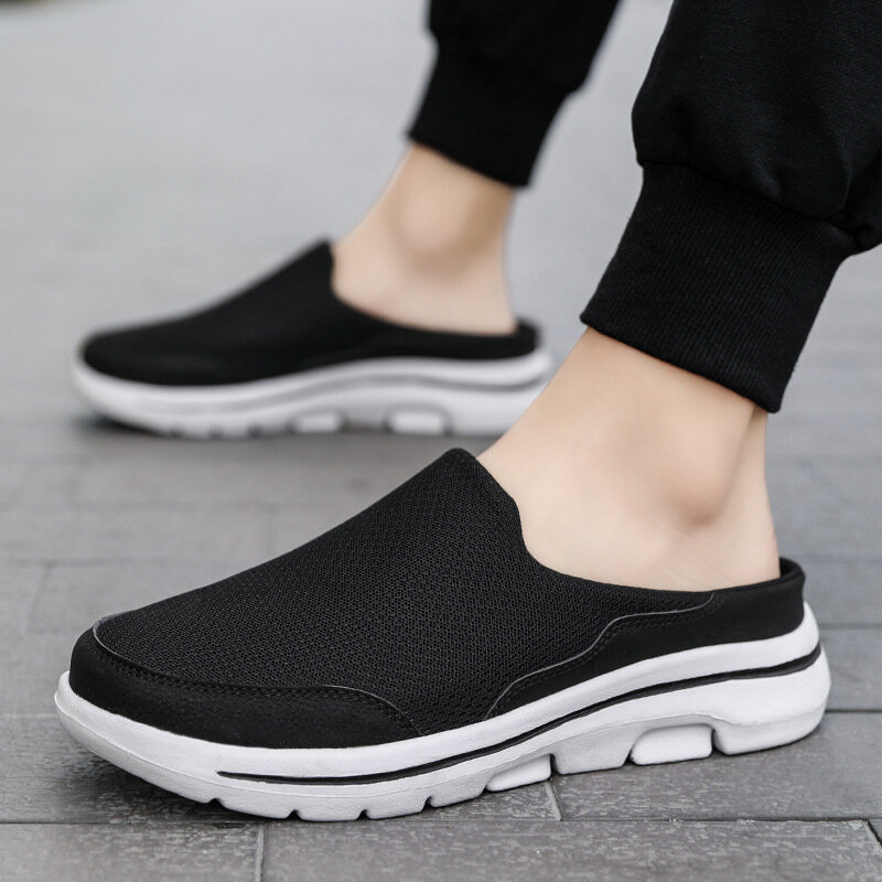Men Casual Shoes Mesh Slip-On Solid Color Loafers Flat Slippers Summer Couple Shoes Half Slippers Plus Size Sandalias Zapatos