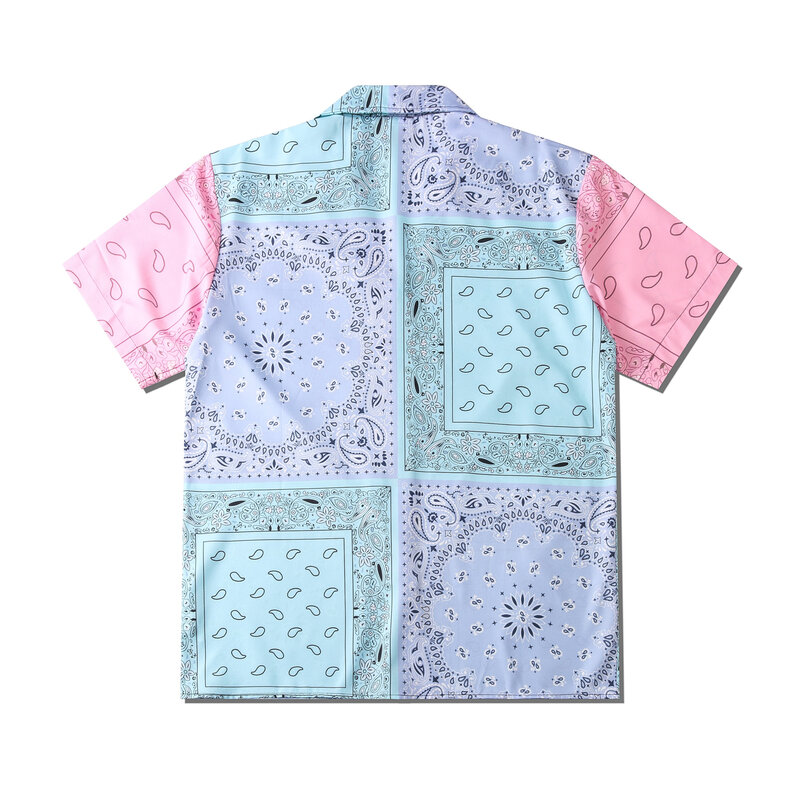 เสื้อเชิ้ตพิมพ์ลายดอกมะม่วงหิมพานต์วินเทจสำหรับผู้ชายใหม่ฤดูร้อน2024เสื้อเชิ้ตฮาราจูกุแขนสั้นสีชมพู