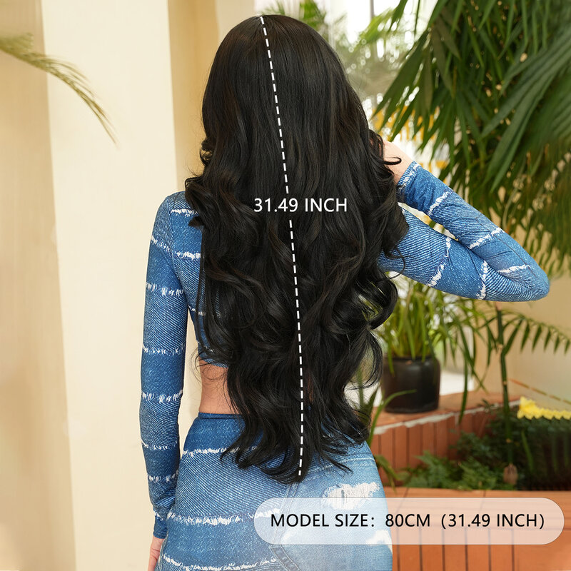 Peluca de cabello sintético prearrancado para mujer, postizo de encaje frontal largo y rizado, color negro, alta densidad, HD, transparente, resistente al calor