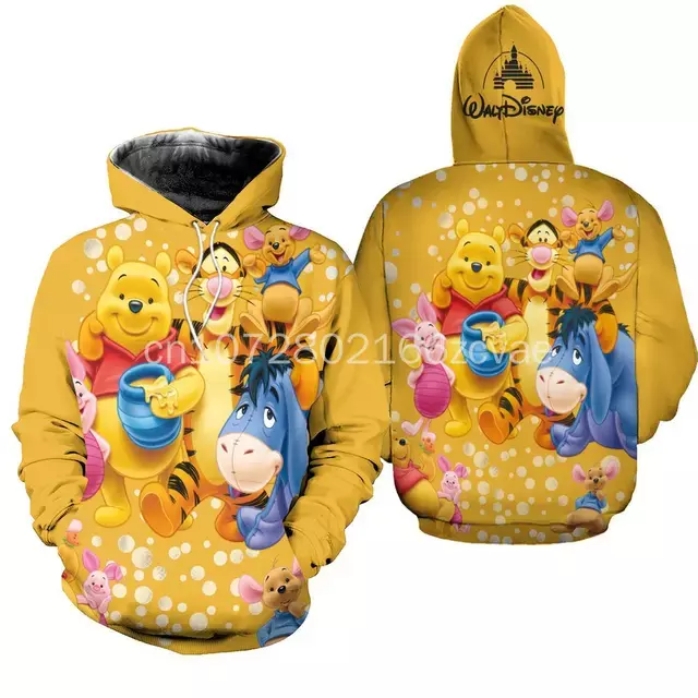 Disney Cartoon Graphic Outfits, Winnie The Pooh amarelo, capuz com zíper estampado em 3D, roupas masculinas e femininas, infantis, 2022