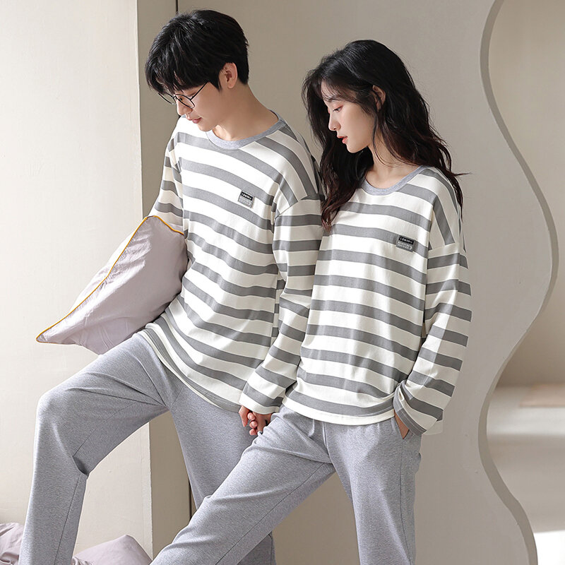 M-3XL Spring and Autumn All Cotton Pajamas Round Neck Pullover Striped Casual Men's and Women's Home Clothing Set