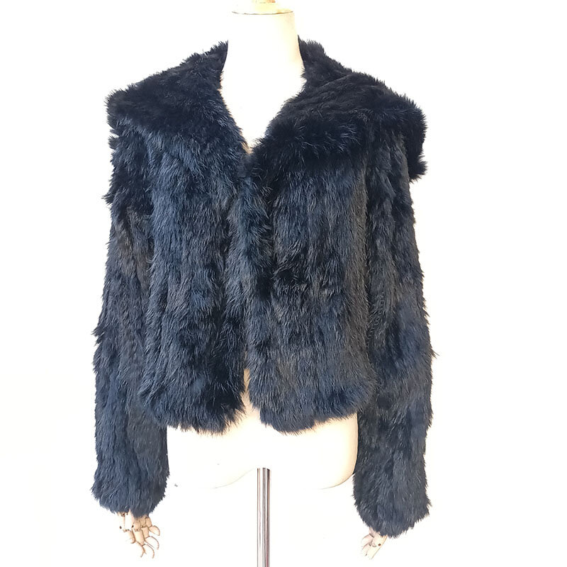Casaco de pele de coelho verdadeiro tricotado feminino com manga longa, jaqueta de pele genuína chique feminina, outwear de inverno com gola grande, novo, 2022