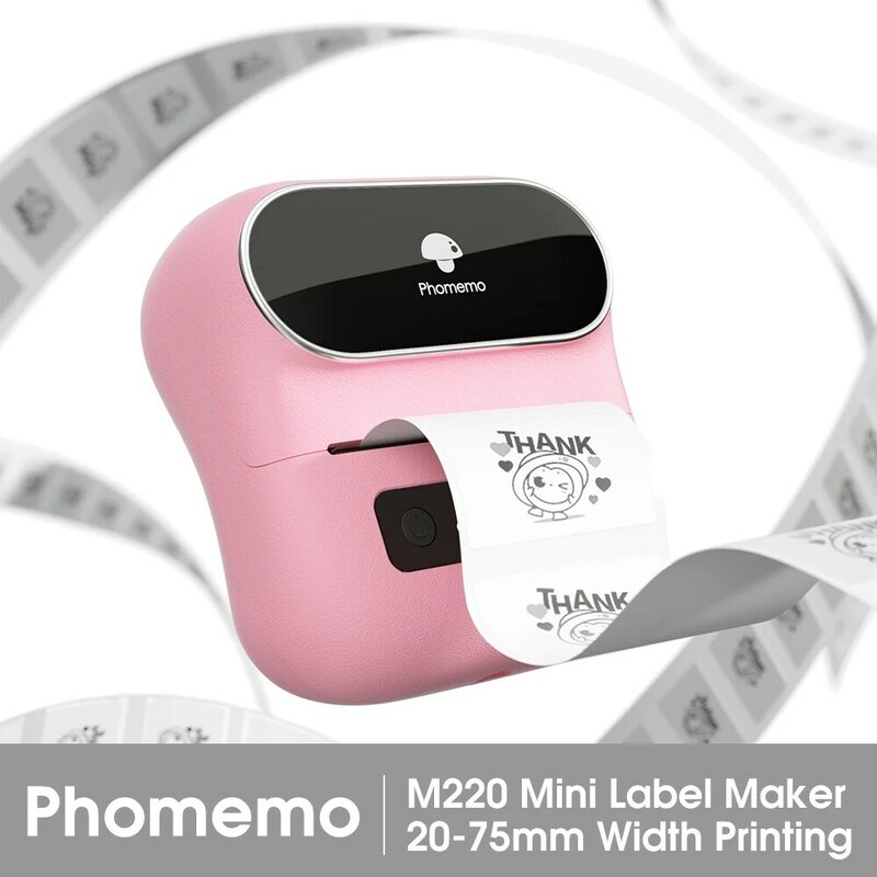 Impressora de código de barras portátil Phomemo, máquina Label Maker M220 para código de barras, nome e endereço, largura de impressão de 20-75mm, 3"
