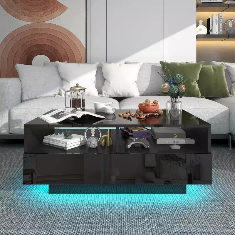 Tavolino da caffè con 4 cassetti scorrevoli, tavolo centrale moderno lucido alto con luci a LED a 20 colori per soggiorno camera da letto