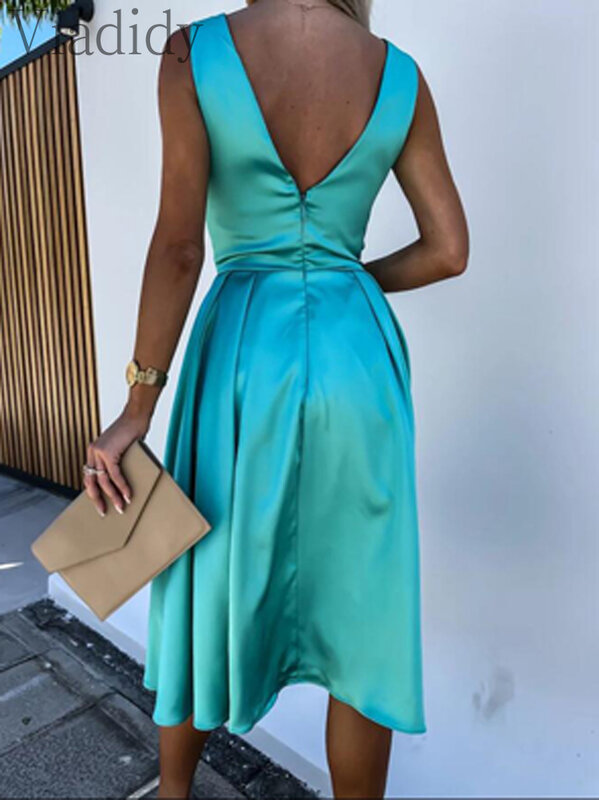 Women Elegant Solid Color Backless Sleeveless Ruched Satin Party Dress