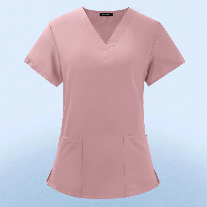 Cor sólida trabalho de enfermagem esfrega feminino de manga curta com decote em v uniforme clínica enfermeira uniforme roupas de proteção cuidado trabalhador laboratório topos