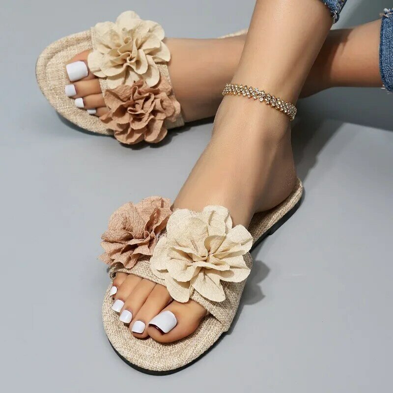 Klapki z motywem kwiatowym buty damskie modne w stylu Casual, letnia sandały 2024 plażowa klapki nowe zewnętrzne klasyczne przytulne Lady