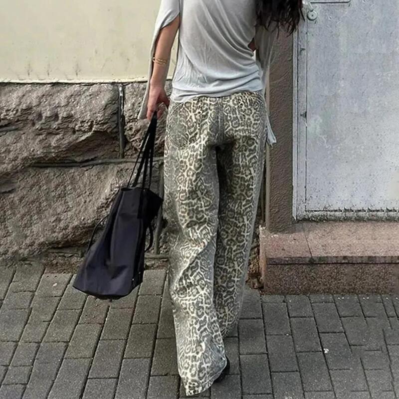 Pantalon en denim imprimé léopard pour hommes et femmes, jeans larges, streetwear rétro, poches Hop, fermeture à glissière haute