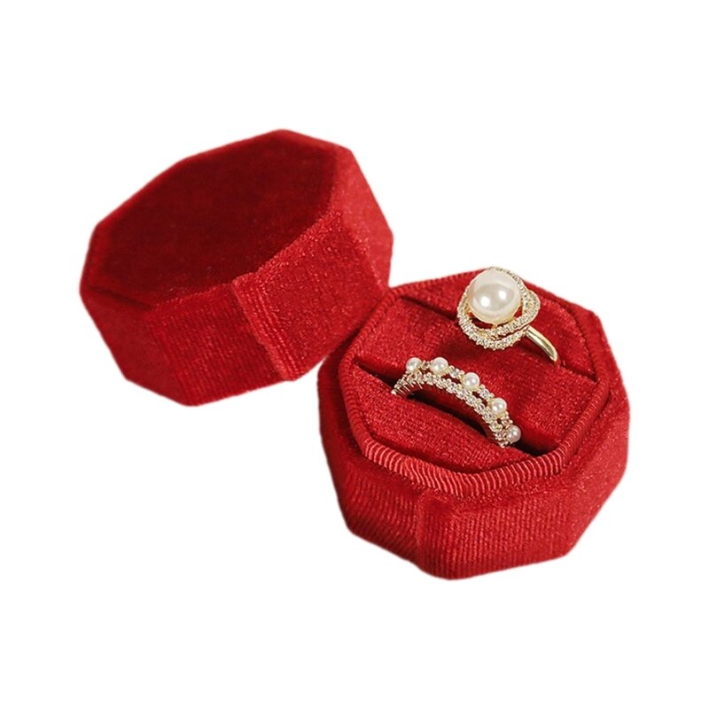 E0BF Kotak Cincin Pernikahan Kotak Cincin Perhiasan Kotak Cincin Slot Ganda Antik Bahan Flanel untuk Ulang Tahun Upacara Lamaran