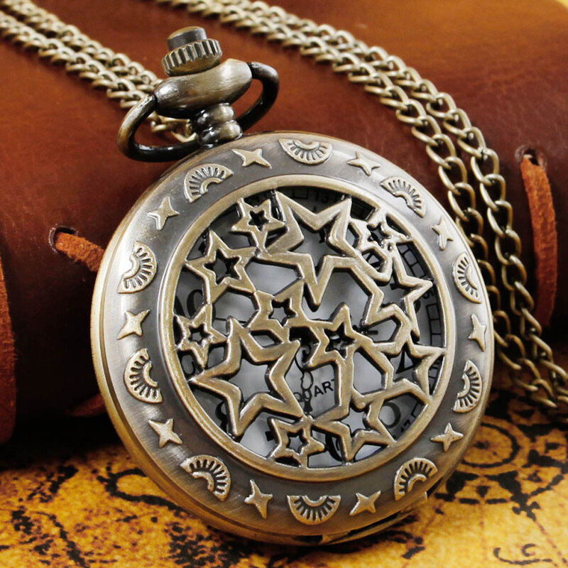 Jam tangan saku kalung berongga bintang jam tangan Fob gerakan kuarsa Vintage Hadiah Pria Wanita JFC021