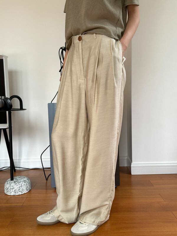 Letnie damskie casualowe spodnie z luźna szeroka nogawkami w jednolitym kolorze z wysokim stanem