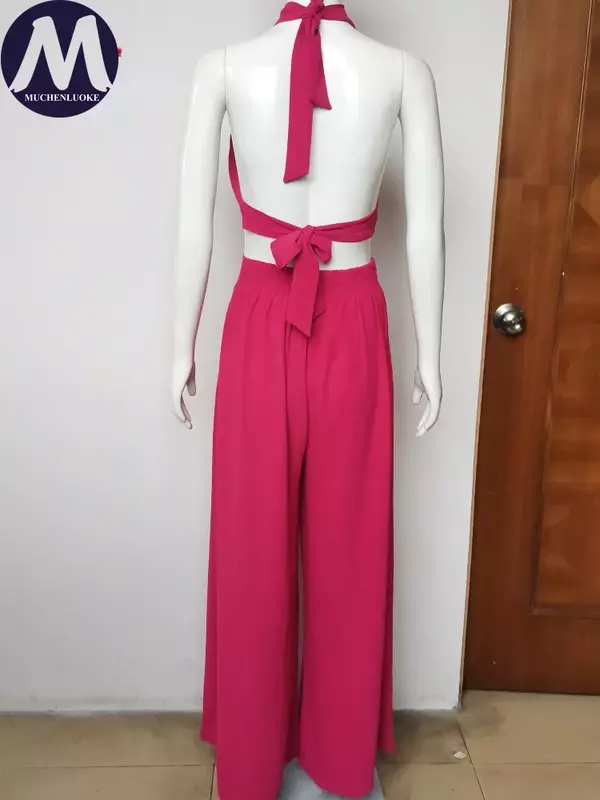 Комплект из двух предметов, женская одежда, Новинка лета 2024, сексуальный топ без рукавов с открытой спиной, модные облегающие брючные комплекты с высокой талией