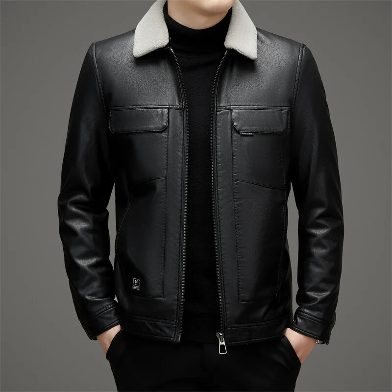 Jaket kulit kasual untuk pria, jaket musim dingin kulit CG-2302 dengan kerah untuk pria, bisnis kasual paruh baya nyaman tebal