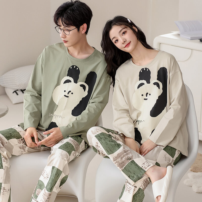 Couple Pajamas Set Spring Women Men 100% Cotton Pijama Lovers Cute Cartoon Sleepwear