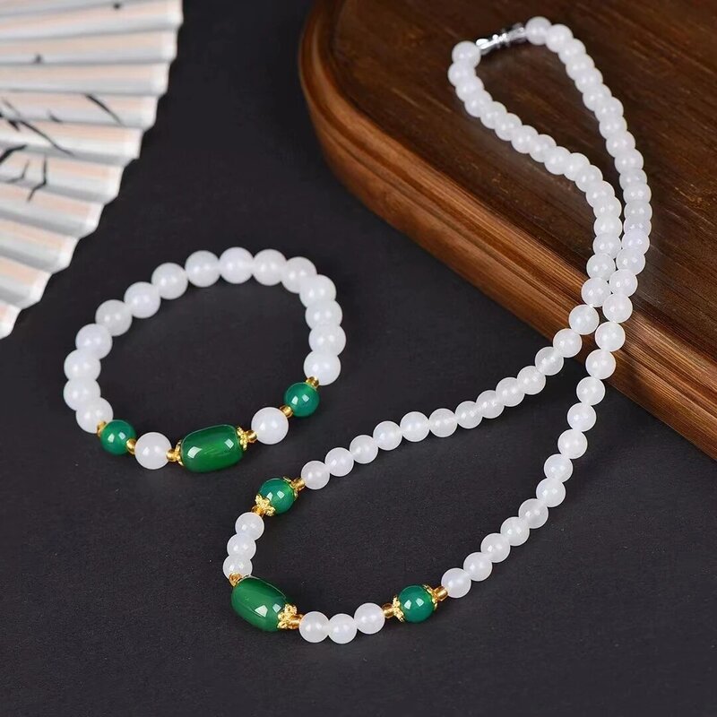 Golden Silk Jade Hand Chain&Necklace Natural Stone Elastic Bangle Womens Gemstone Bracelets Charms Jewelry Mother's Day Gifts