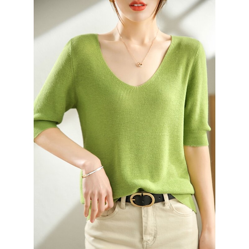 Suéter de punto con cuello en V para mujer, Jersey de manga media que combina con todo, modelos de verano 022, manga de cinco puntos de Color sólido Simple