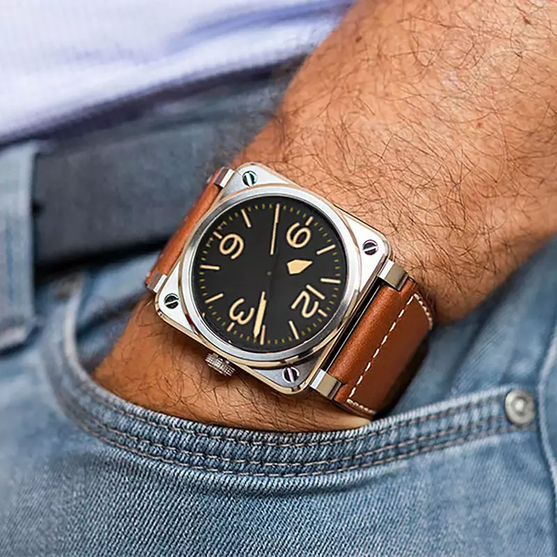 Men Watches BR03-92 Leather Quartz Watch Fashion Sport Mens Large Dial Wristwatch Reloj Hombre Clock Male Relogio Masculino