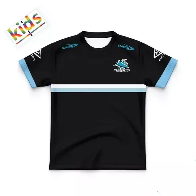 Рубашка-поло с изображением акул Cronulla Sharks 2023, Детская футболка для регби, женская, мужская, Размер: приблизительно (напечатанный индивидуальный номер имени)