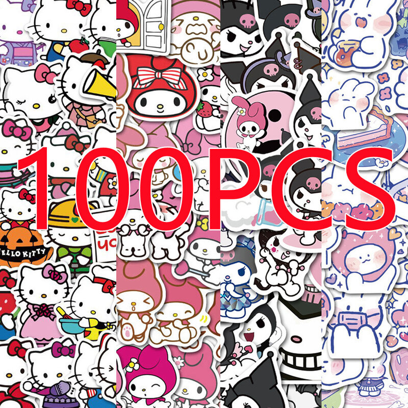 100 Stuks Kawaii Mijn Melodie Kuromi Hello Kitty Stickers Voor Kinderen Meisjes Diy Laptop Dagboek Schattige Cartoon Sanrio Sticker Stickers